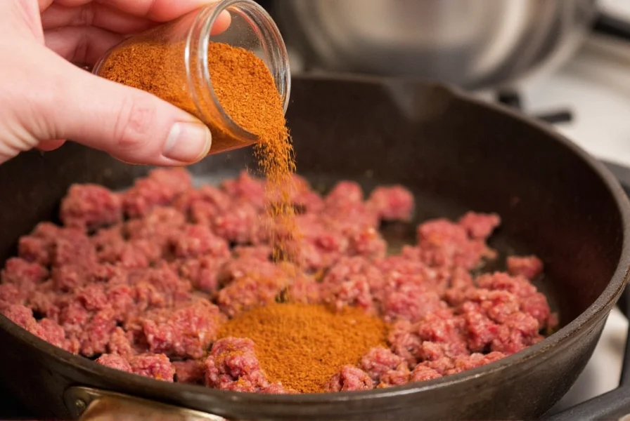 Chili seasoning mix being sprinkled into a cast iron skillet with ground beef