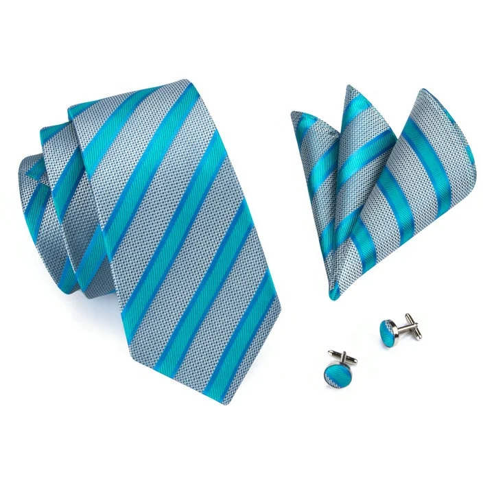 

Custom Logo Polyester Mens Ties Blue Stripe Necktie Extra Long Silk Neck Tie Set