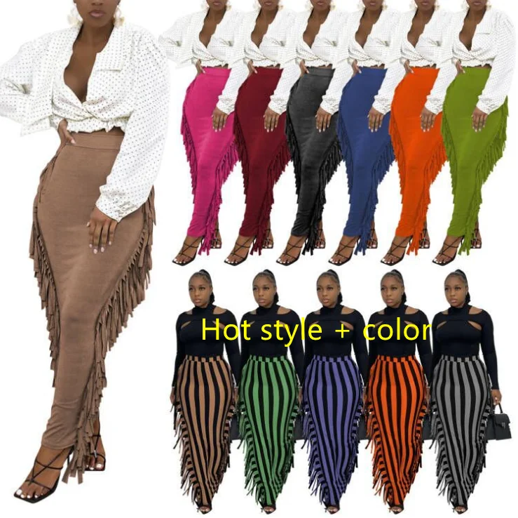

Hot Sale Women Clothing Add Color Cute Bilateral Fringe Maxi Skirt Wholesale Fall Long Skirt