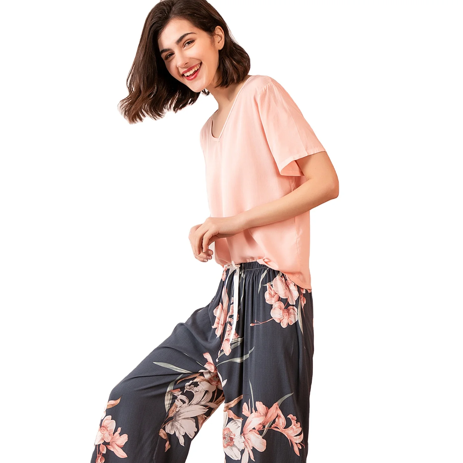 

2021 floral printed long pants woman pijamas set 2 piece pajama set women