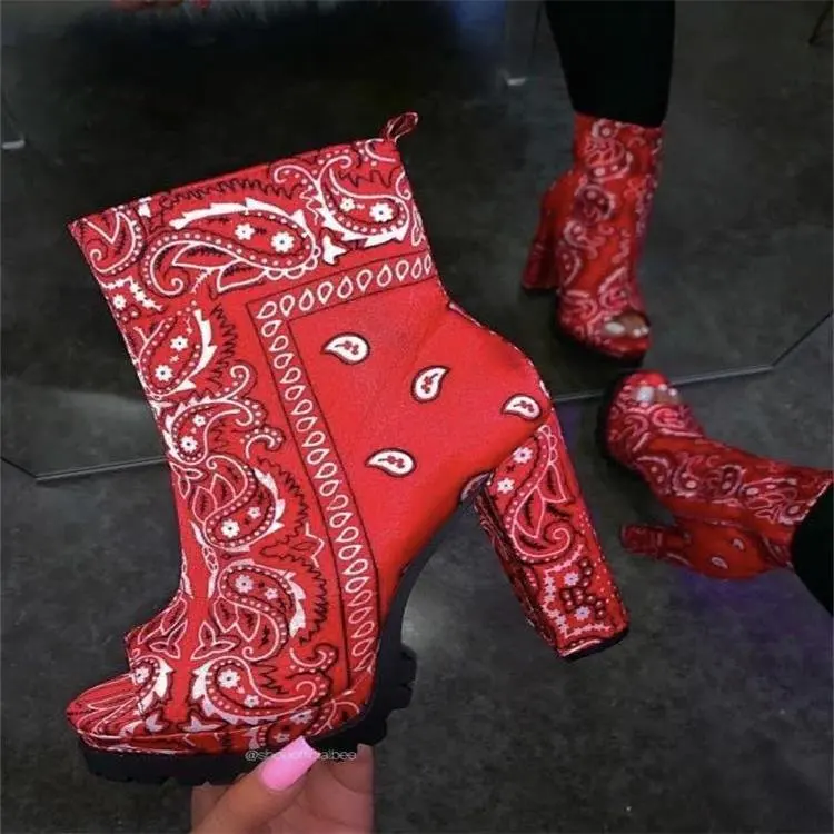 

New cheap luxury ladies winter boots bandana ankle high heels women boots shoes, Red,blue,black