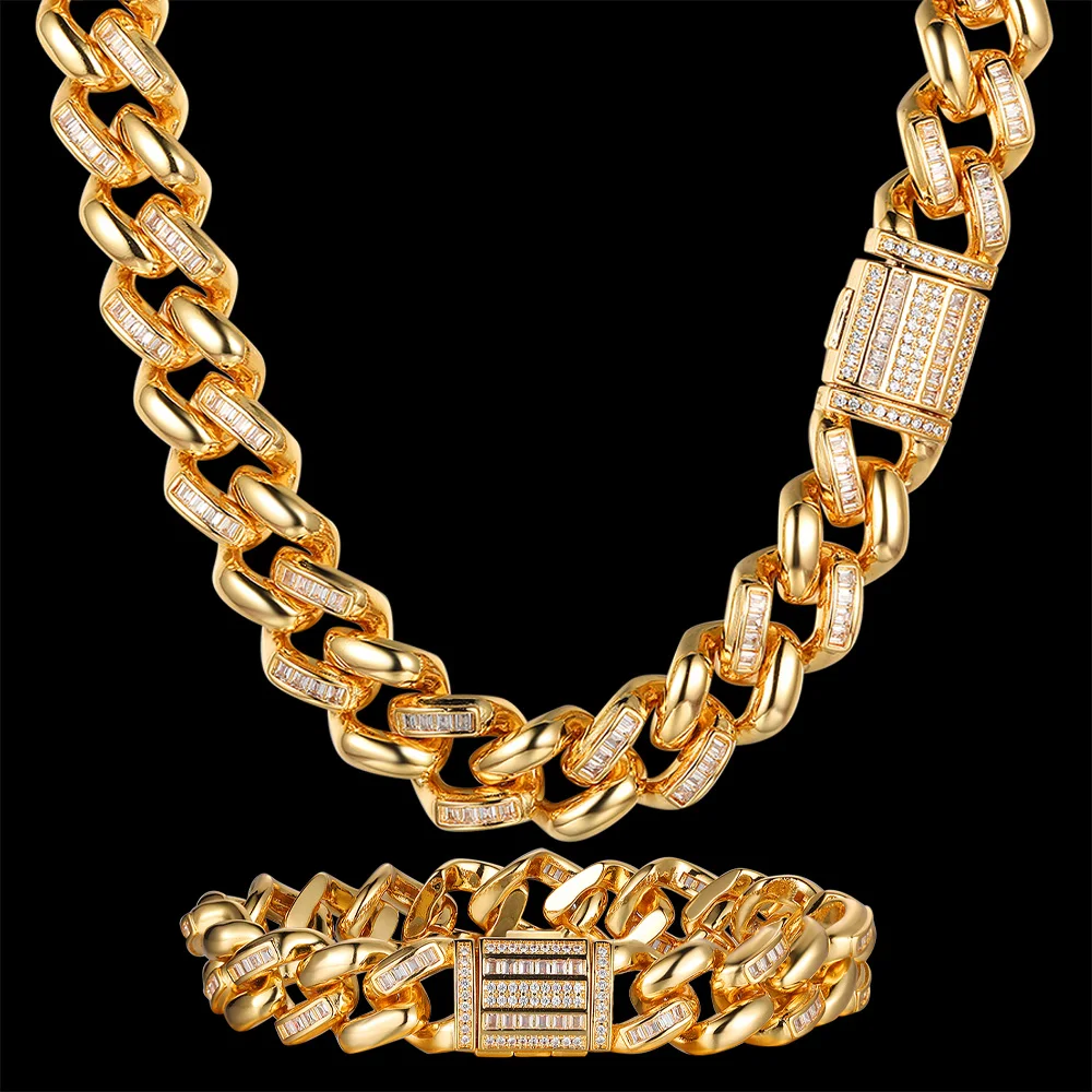 

Luxury Zircon CZ Hip Hop Miami Cuban Link Chain 15mm Baguette Rhombus Bracelet Men Necklace Wholesale Rock Party Jewelry