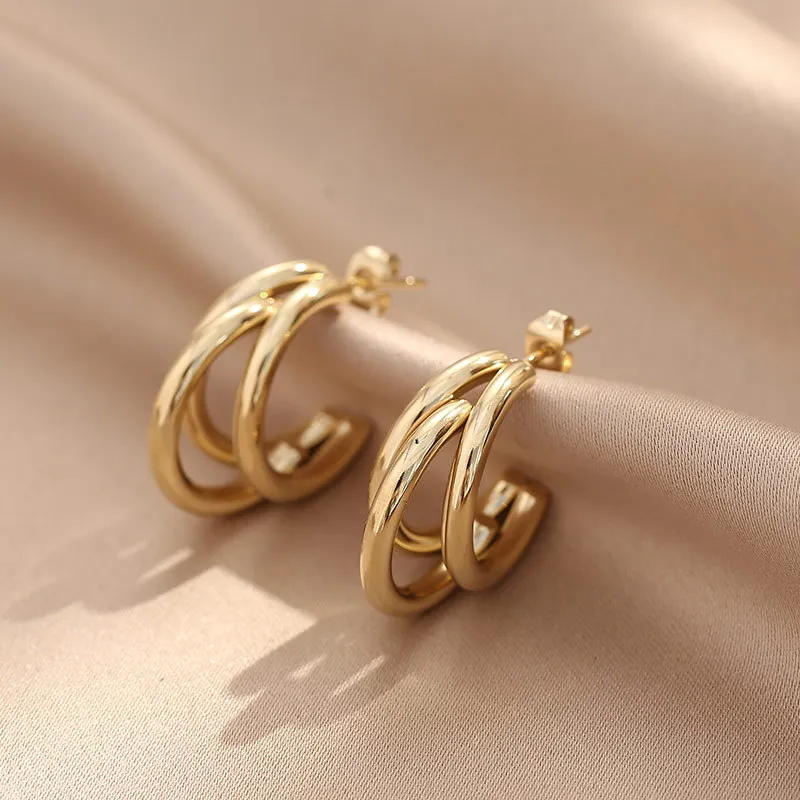 

Wholesale Custom High-end Jewelry 2.8cm PVD 18K Gold Plated Stainless Steel Three Line Tube Triple Hoop Gold Earrings