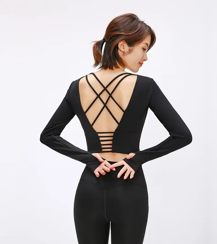 

Women Back Crossing Underwear Bra Sport Yoga Workout Top Fitness Long Sleeve Vest, As shown