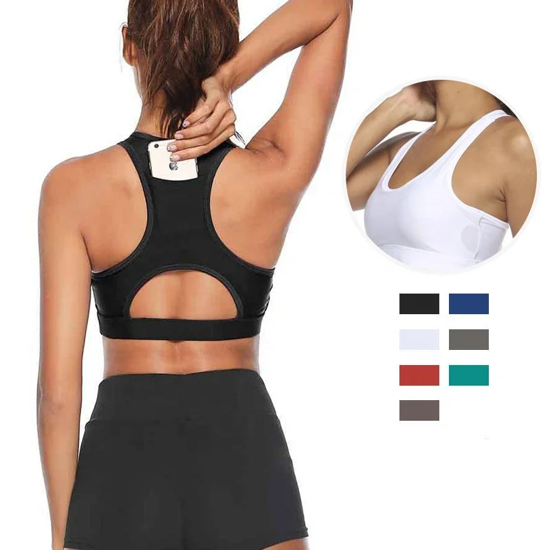 

Custom Phone Pocket Gym Wear Running Yoga Workout Crop Top Cross Back Sports Yoga Bra Sexy High Impact Comfortable Sports Bra, 7 colors