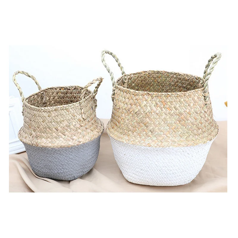 

AAA265 Multifunctiol Portable Straw Weave Storage Basket Foldable Clothes Laundry Bag Handmade Flower Basket, 4 colours