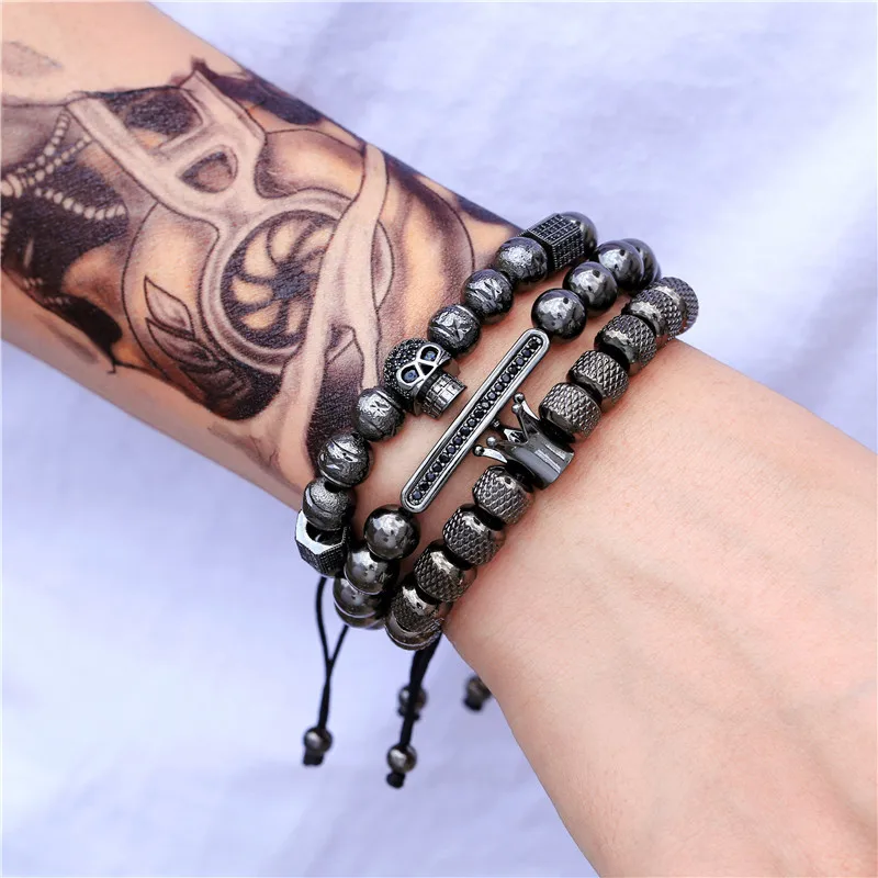 

European Hot Selling Gold Plated Copper Beads CZ Tube Braided Bracelet Adjustable Micro Pave Zircon Skull Head Crown Bracelet, Gold, silver, black, rose gold