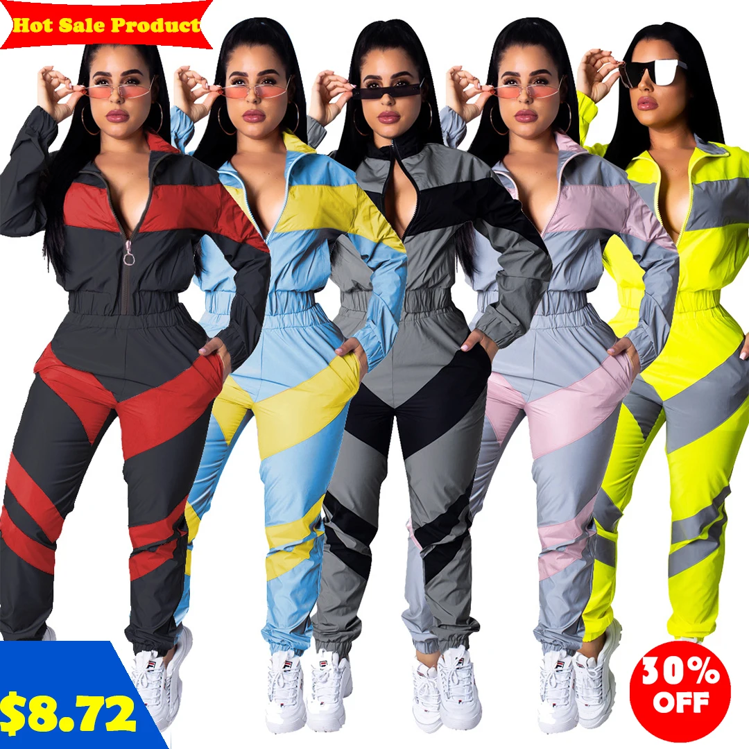 

2021 Solid-color two-color patchwork long-sleeved trench coat suit fall 2021 women clothes sets sporty style jogger set, As picture