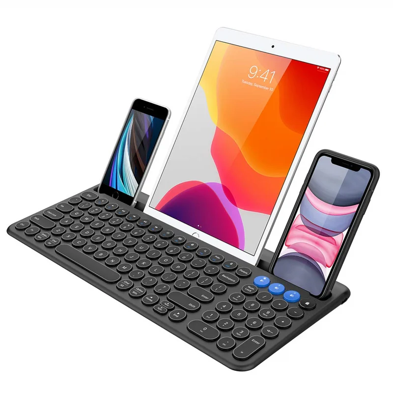 

Wholesales Universal Blue tooth Keyboard Multi-Device Built-in Cellphone Cradle Wireless Keyboard for Windows, iOS, Android