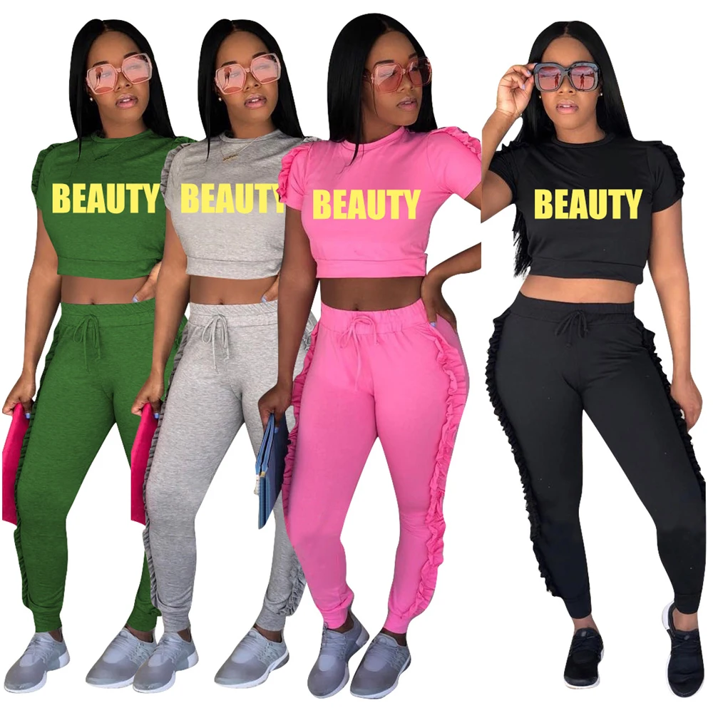 *GC-8058 2020 new arrivals letter print short sleeve Wholesale sexy crop top and sports pants two piece set women sweat suit