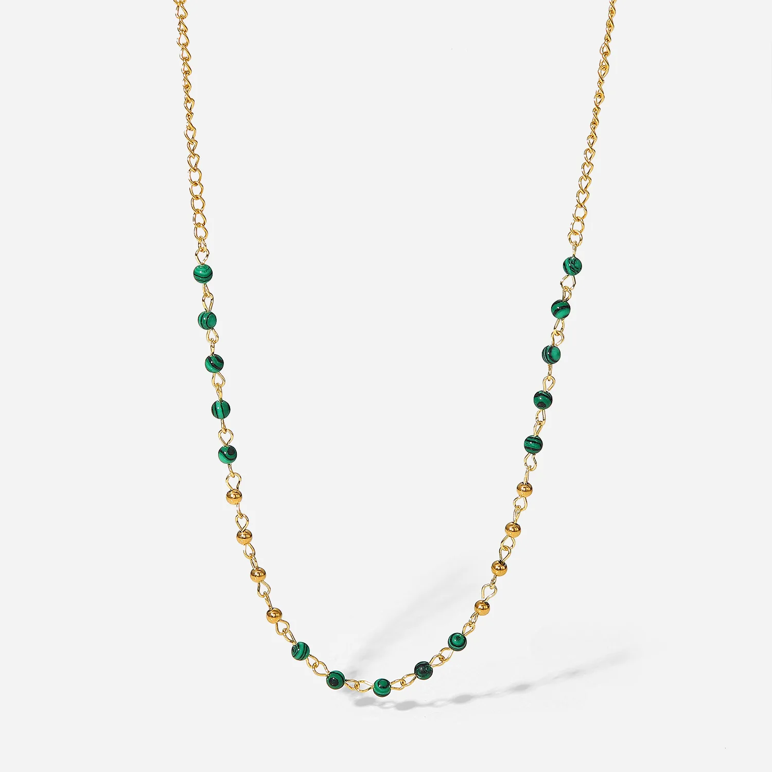 

Vintage Green Malachite Beads Charm Necklace Stainless Steel 18K Gold Link Necklace For Women