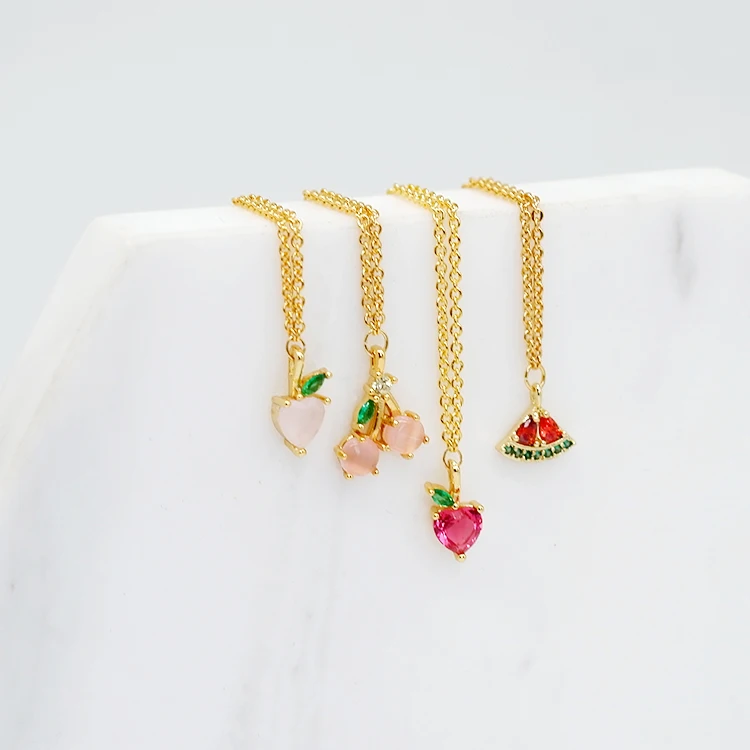 

Cute strawberry peach 18k gold plated zircon cherry fruit charm necklace jewelry, Picture