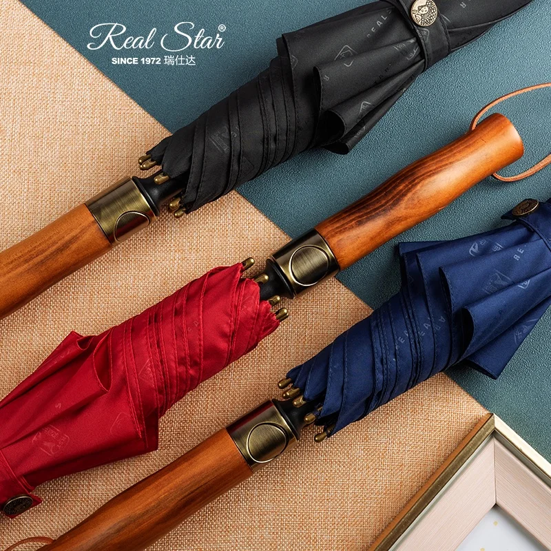 

RST Real Star custom luxury wood handle straight long 210T golf umbrella 54 inches big size strong windproof umbrella, Can be customized