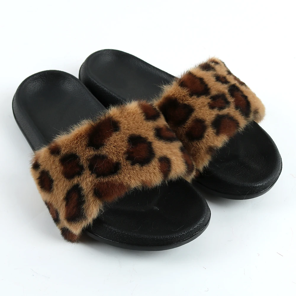 

Mailing Logo Print Leopard Skin Ladies Wear Stylish Inspired Indoor House Shoes Furry Fuzzy Fur Slippers Luxury