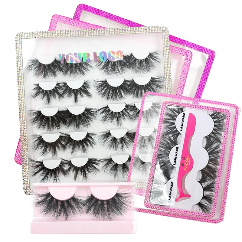 

Wholesale eyelash vendor customized 3 pairs 10pairs Rhinestone Lash Tray boxes Vegan Long 25mm Fluffy 3D Real Mink eyelashes, Natural black