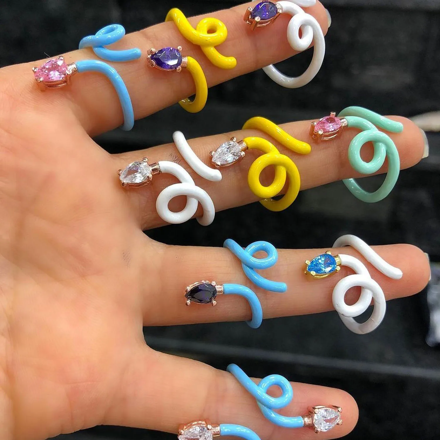 

new arrival trendy colorful zirconia finger ring for women rainbow for summer enamel neon pastel jewelry, Customized