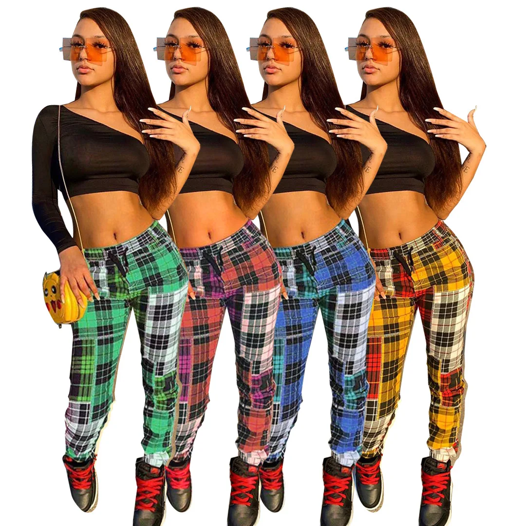 

colored women Straight casual pants wholesale plaid printed ladies hot sale slim pants plaid legging trousers, Custom choose
