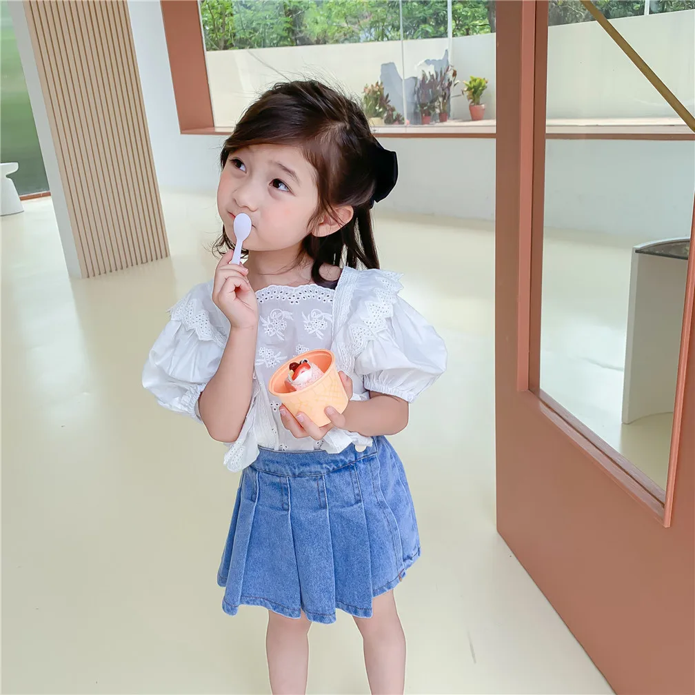 

SK053 manufacturers pleated skirts RTS kids jean skirts bule denim skirt for young girls