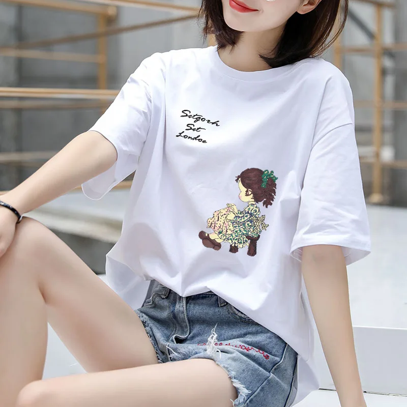 

Korean short sleeve loose girl women tshirt print oversized female 100% Cotton cheap women's clothing t shirts, 6 colors