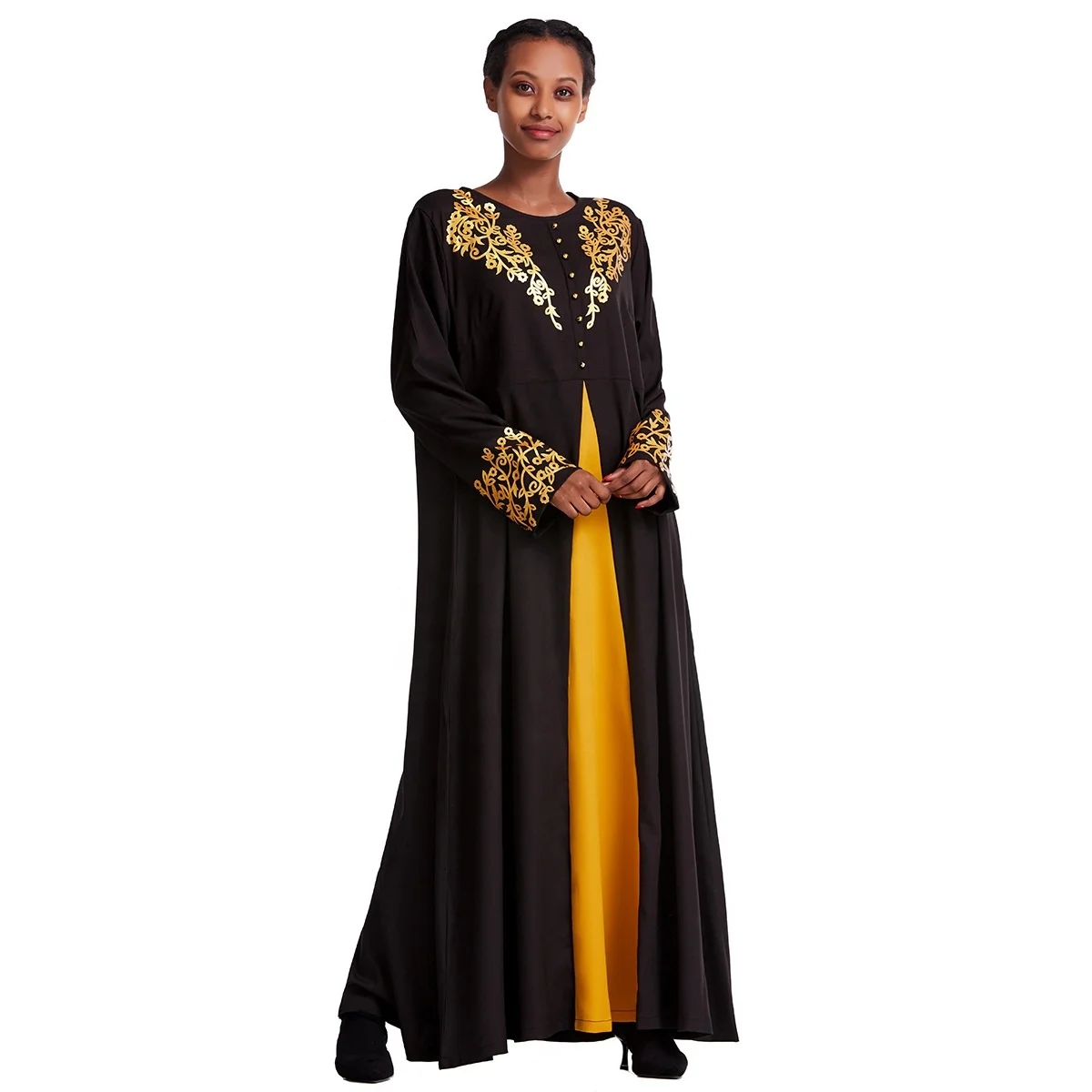 

FREE SHIPPING Turkish Modest Round Neck Breathable Coats Long Sleeve Robes Muslim Islamic Women Abaya Dress Clothing With Button, Gold,sliver