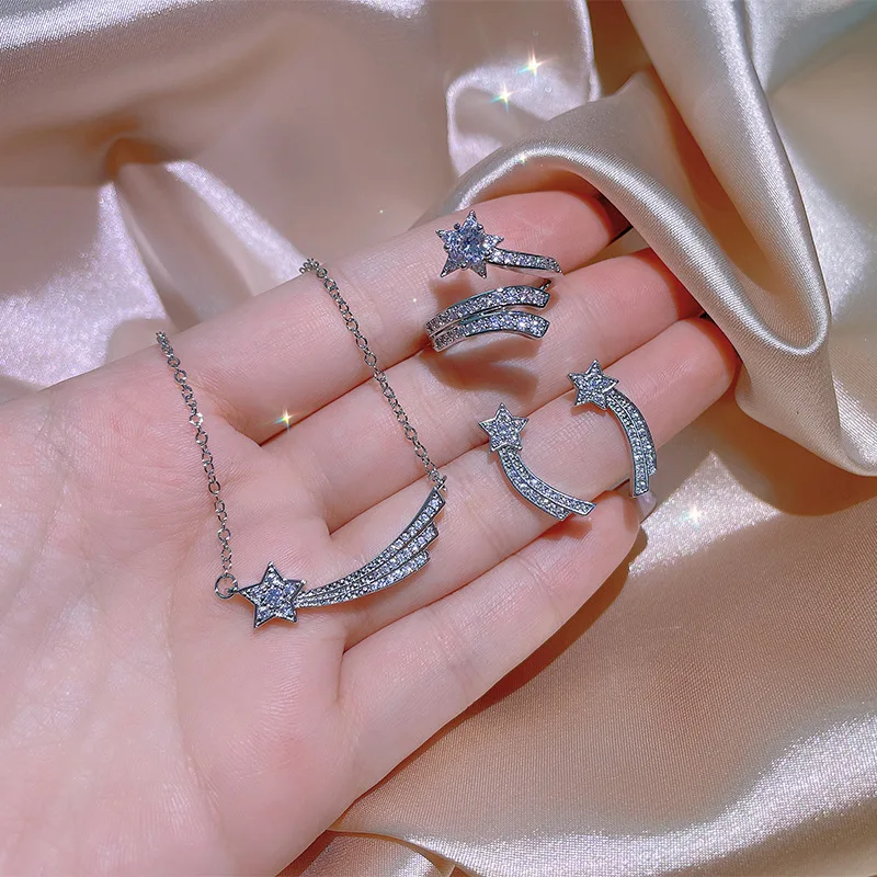 

INS Hot Iced Out Crystal Rhinestone Star Necklace Set Bling Bling Cubic Zircon Shooting Star Jewelry Set For Bride Wedding