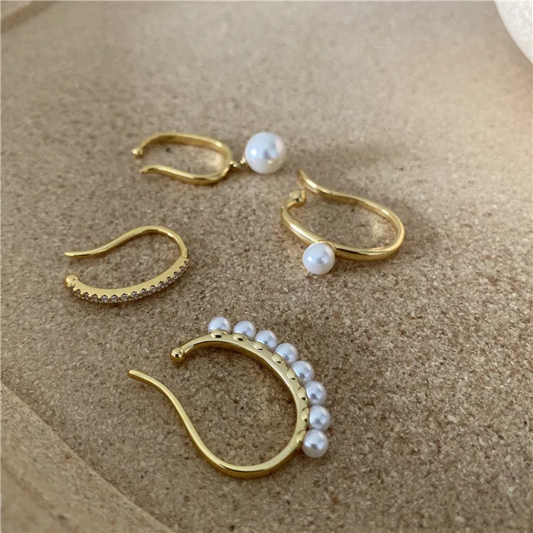 

Korean Trendy 4 Pcs Set Real Gold Plating Pearl CZ Zircon Cuff Earring Baroque Pearl Cuff Earrings Set For Women