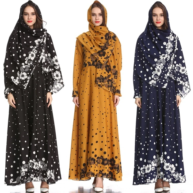 

Polka Dot Flower Print Dubai Turkey Kaftan Nida Modal Chiffon Islamic Saudi Arabic Women Girl Muslim Abaya Long Maxi Dress, Navy blue/black/