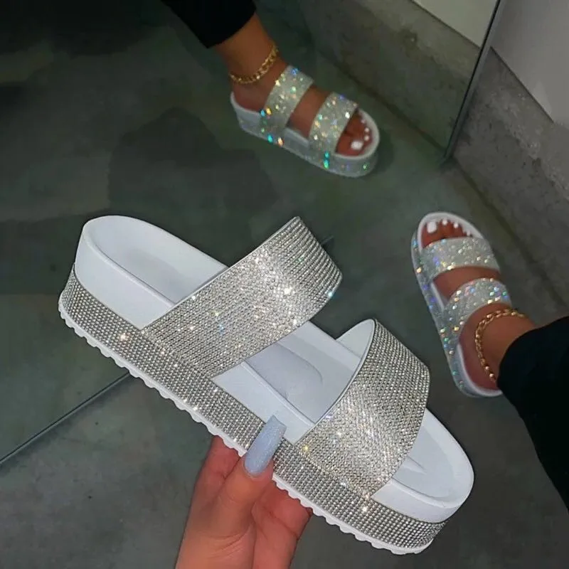 

Fashion shoes thick heeled bling slippers rhinestone platform sandals, White/black/colorful