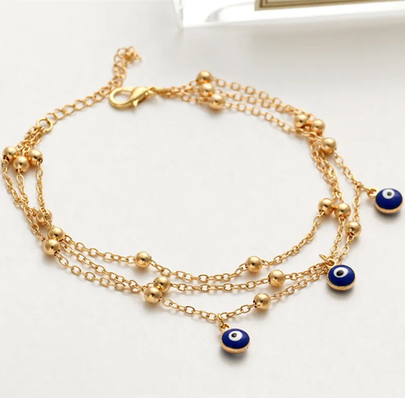 

Fashion 2021 Wholesale Three Layer Chain Blue Eye Bead Anklet Turkey Evil Eyes Anklet for Women, Gold silver