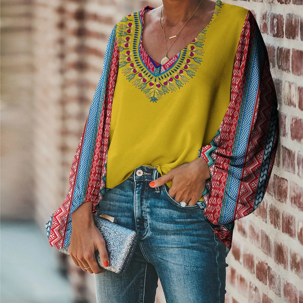 

Designer African Dashiki Print Womens Blouse Custom Fat Women V-neck Blouse Shirts Long Sleeve Summer Chiffon Shirts