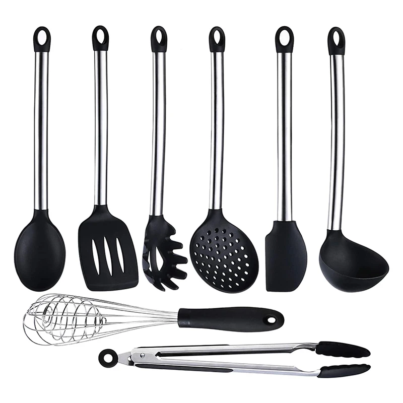 

Silicone kitchen utensils set for cooking 8 piece stainless steel silicone cooking utensils, Black and customized