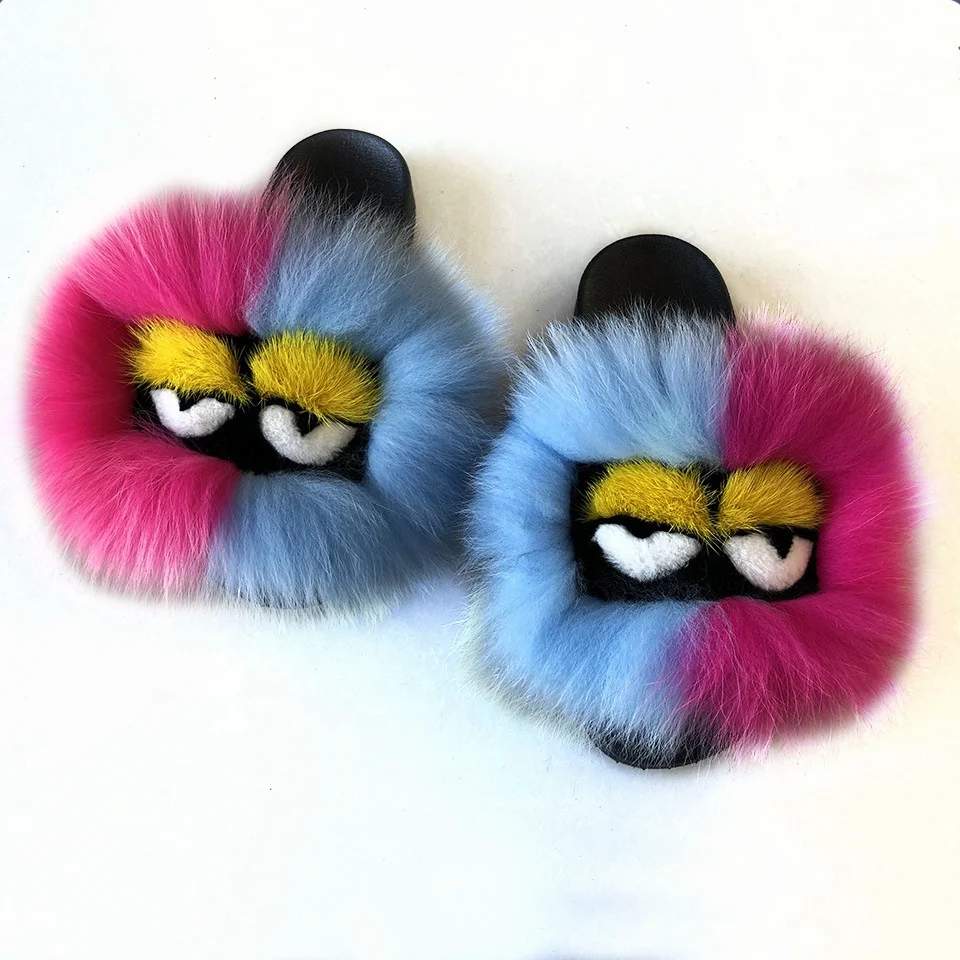 

2020 Fashion Women Furry Fluffy Cute Little Monster Real Fur Slides