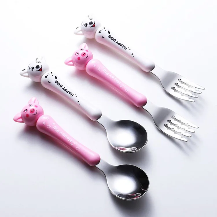 

stainless steel kids cutlery set with box packing spoon and fork with animal plastic handle, White, pink