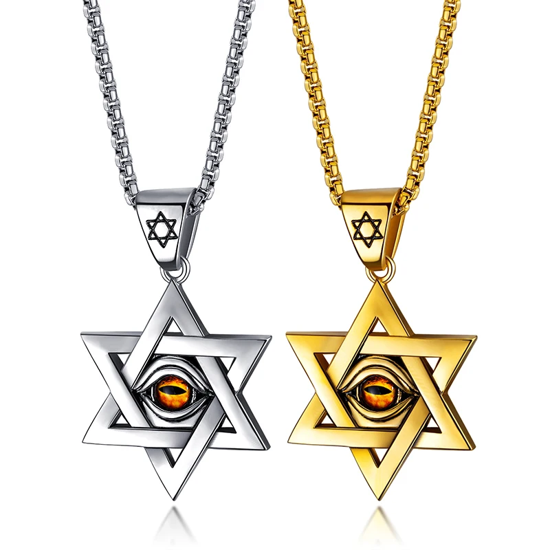 

Star of David Necklace Israel Jewish Religious Jewelry Stainless Steel Evil Eye Pendant Necklace for Men (SK767), As picture