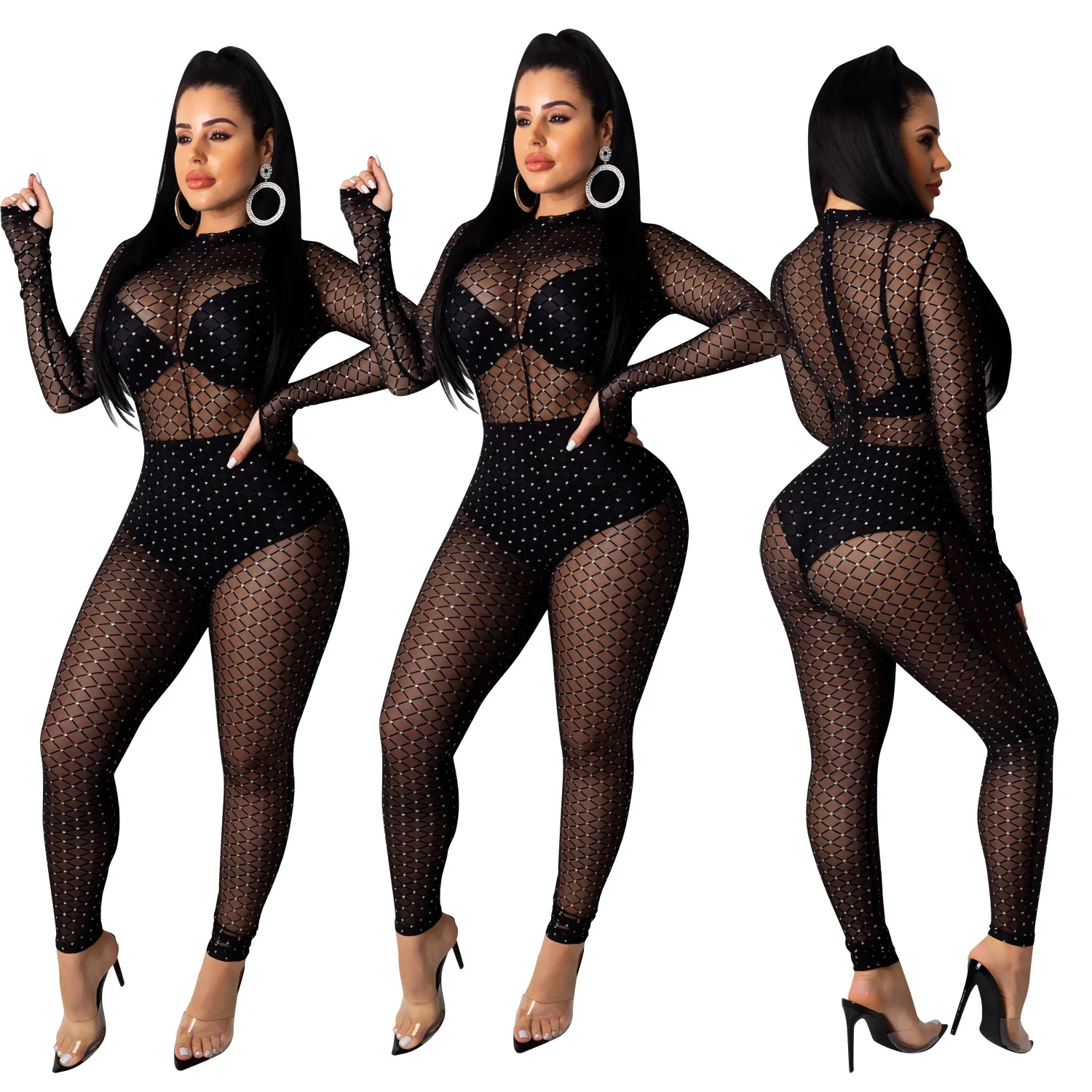 

Sexy black mesh translucent jumpsuit ladies long sleeve club costume party suit sexy clothes