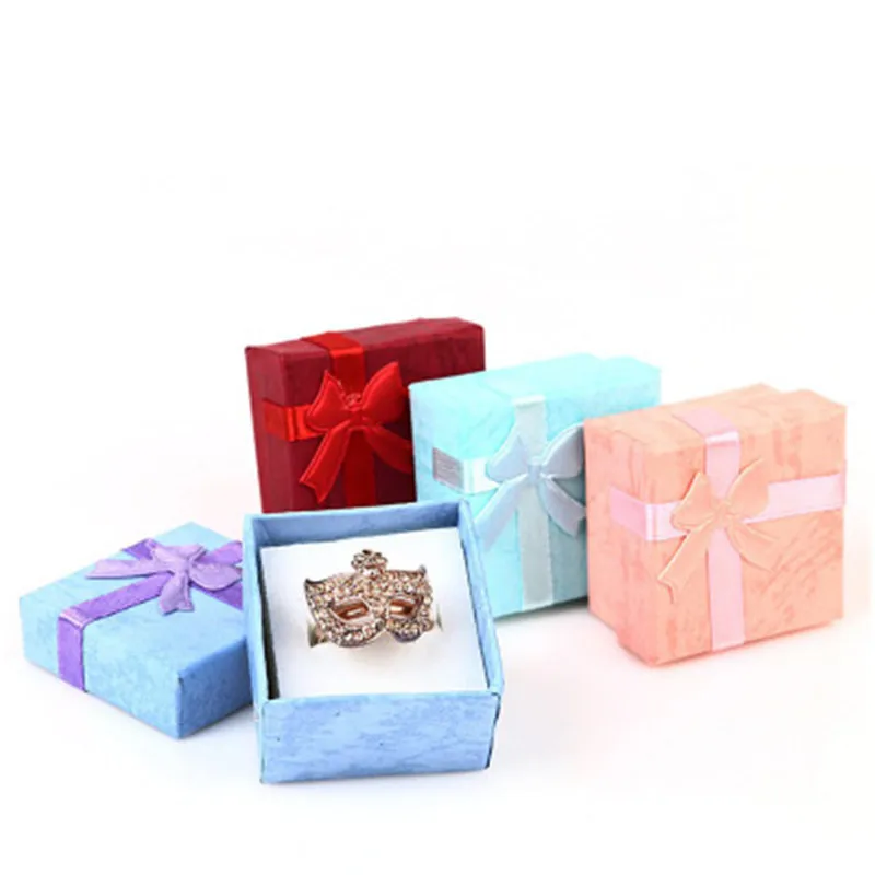 

4*4*2.6cm New Designer Square Bowknot Colorful Paper Elegant Wedding Rings Jewelry Box Gift Package