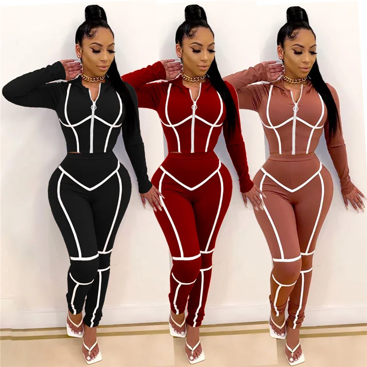 

Fashion Hooded Zipper Front Tops And Trousers Sweat Suits Bodycon Autumn Women Two Piece Set