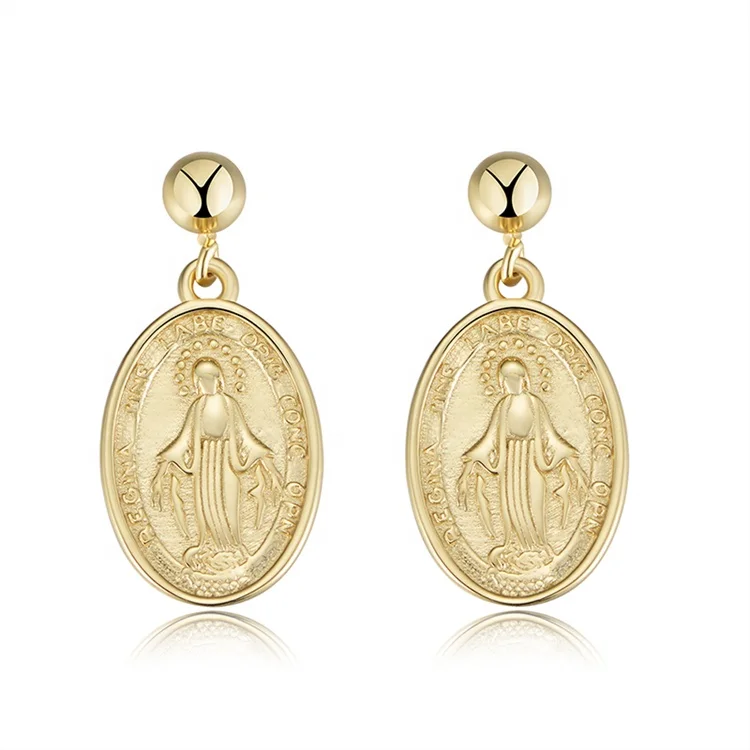 

Peishang 925 Sterling Silver Vintage Gold Color Magical Medal Virgin Mary Oval Shaped Earrings