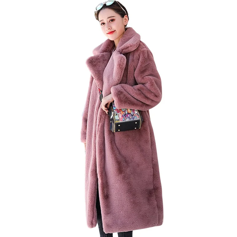

Winter Women High Quality Faux Rabbit Fur Coat Luxury Long Fur Coat Loose Lapel OverCoat Thick Warm Plus Size Female Plush Coats