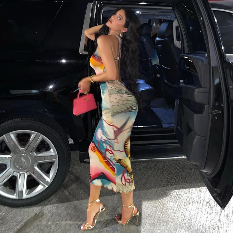 

Fast Shipping R06143 - Fashion Fit Printed Multicolor Sleeveless Backless Dresses Women