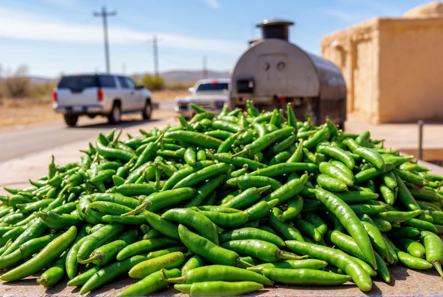 Fresh green hatch chilies piled high at a roadside stand in New Mexico with roasting equipment in background