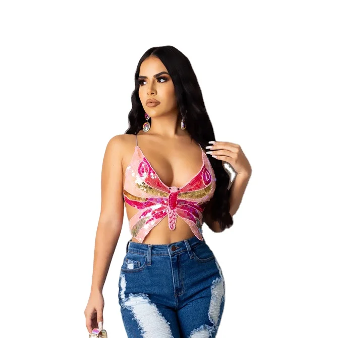 

Sexy one strap tank top sequin butterfly backless crop top, Purple,rose red