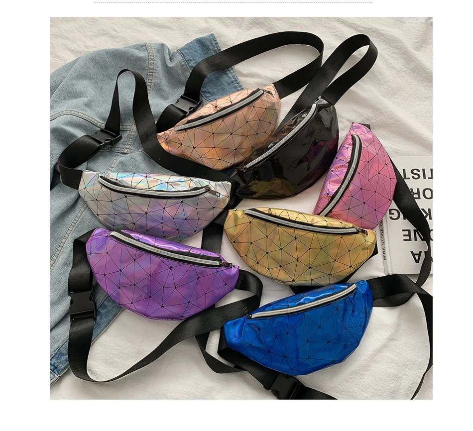 

Holographic Waist Bags Women Silver Fanny Pack Female Belt Bag Black Geometric Waist Packs Laser Chest Phone Pouch, Customizable