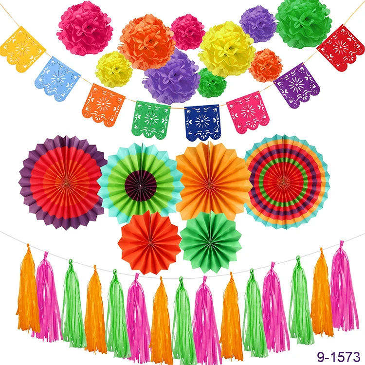 Pom Poms Folding Fans Mexican Party Decoration Papel Picado Banner Mexican Carnival Fiesta Party 7956