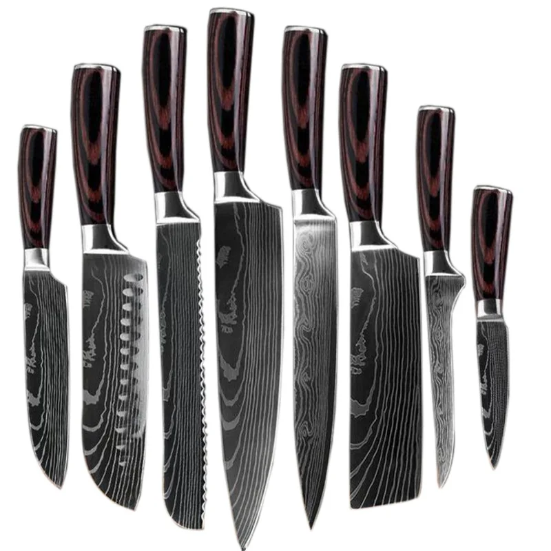

Top Rated Gift Custom Logo Ergonomic Wood Handle 8pcs Kitchen Chef Knives Super Stainless Steel Damascus Knife Set