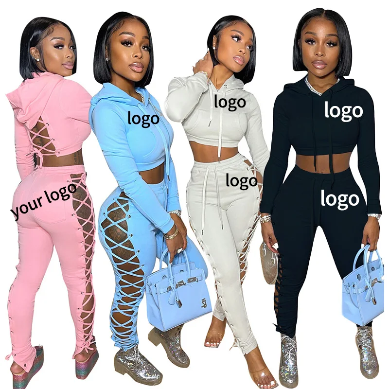 

RTS Women Clothing Sexy Bandage Crop Top Hoodie Set Two Piece Pant Set Jogger Set Tracksuit Sweat Suits, Customized color