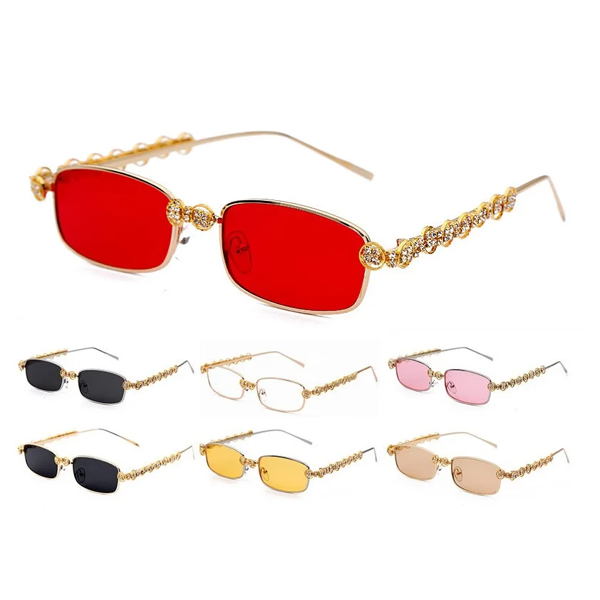 

Brand Designer Eyewear Clear Yellow Pink Red Lenses Crystals Rhinestone Glasses Small Rectangle Sunglasses