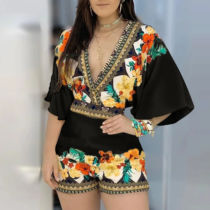 

New 2021 Summer Sexy Deep V Neck Short Printed Women Casual Jumpsuit