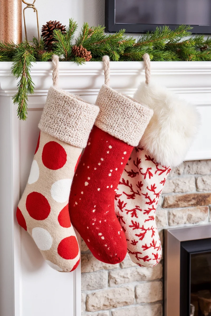 Tension rod across a doorway holding Christmas stockings