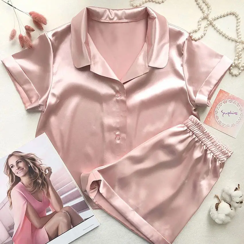 

Women Silk Pajama Women Set Long Satin Ladies Sleepwear Pajamas Set